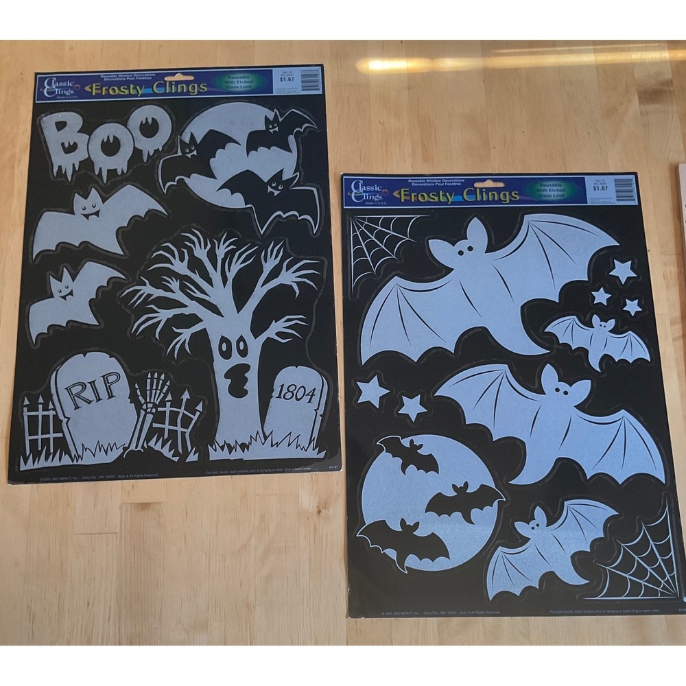 Vintage‎ 2001 Classic Clings Frosty Clings Halloween Window Decals Bats Tree RIP